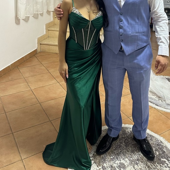 Emerald Green Satin Embellished Corset Evening Dress - Picture 7 of 7